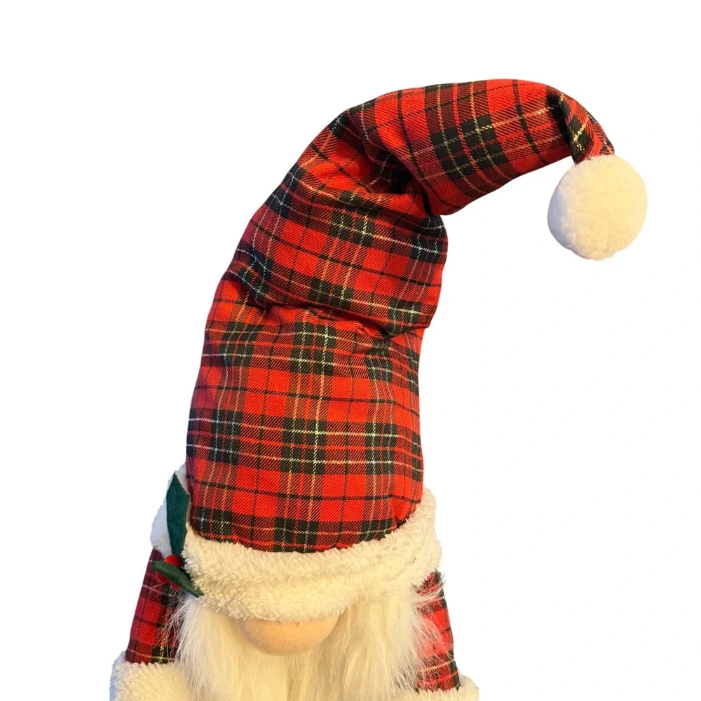 Christmas Gnome Figurine Red Black Plaid Hat with Evergreen Branch Holiday Decor